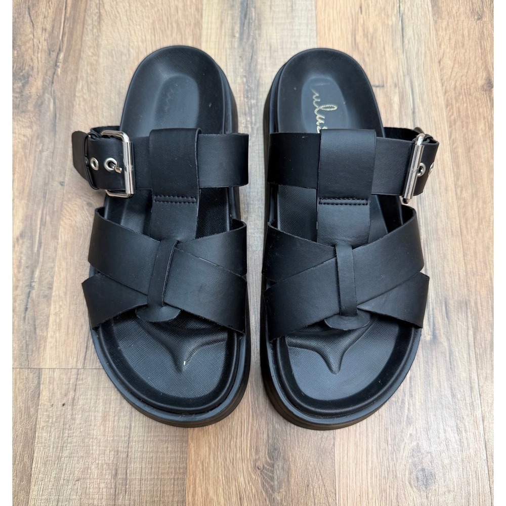Lulus Black Platform Sandals Womens Size 7 Chunky Buckle Slides Leather Look - Picture 2 of 10
